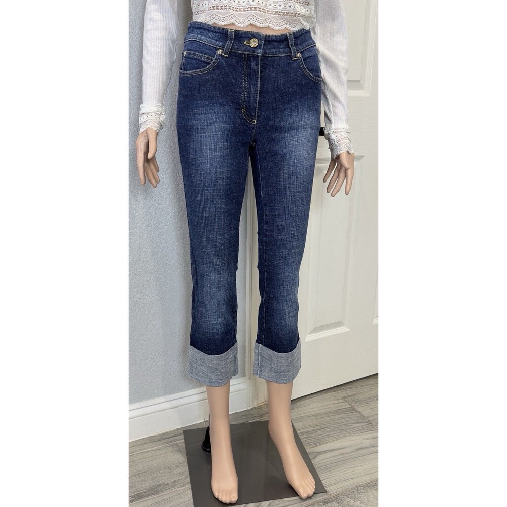 ESCADA Women’s Size 34 Capri Jeans Blue Denim Cropped Wide Cuff Stretch Pants